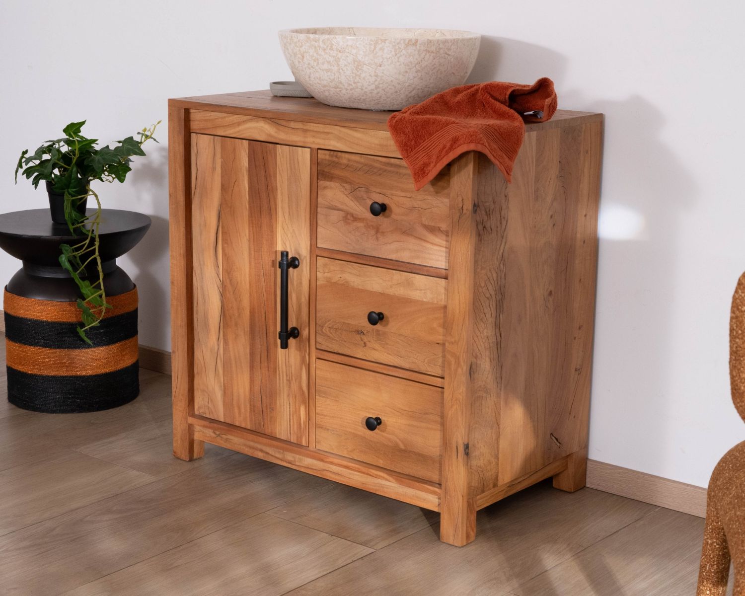 Mueble bajo lavabo de 80 cm de madera reciclada «Mokal», con estilo rústico