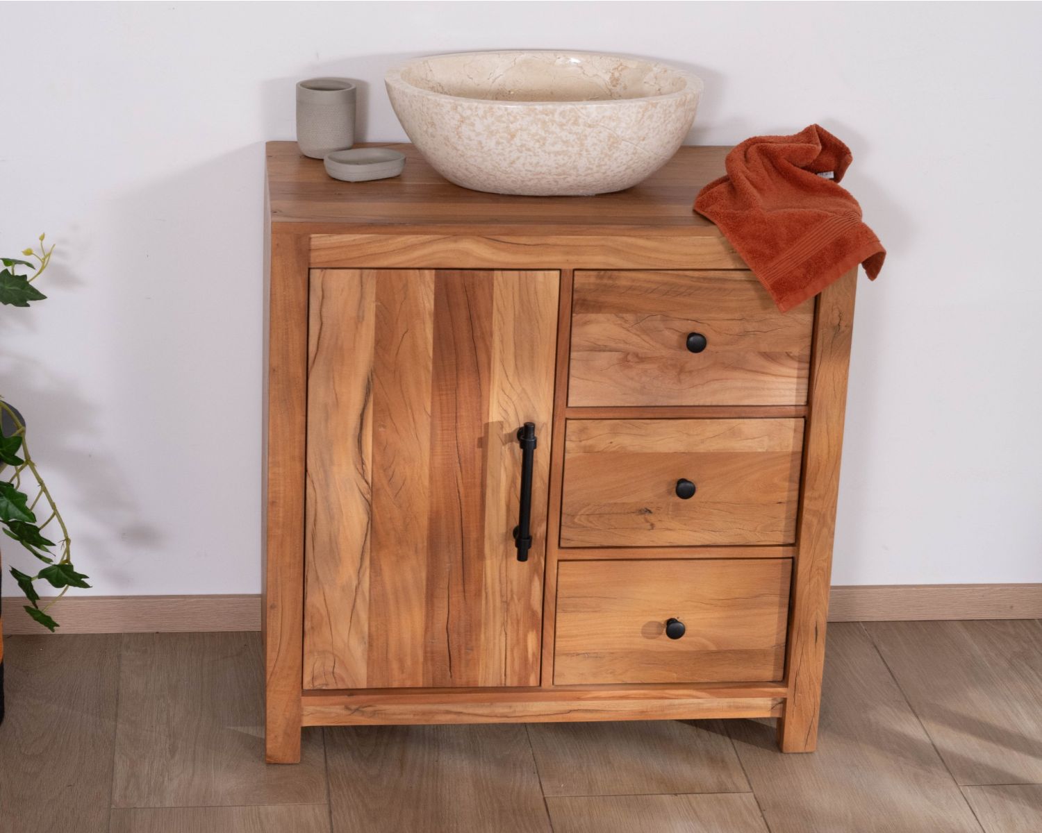 Mueble bajo lavabo de 80 cm de madera reciclada «Mokal», con estilo rústico