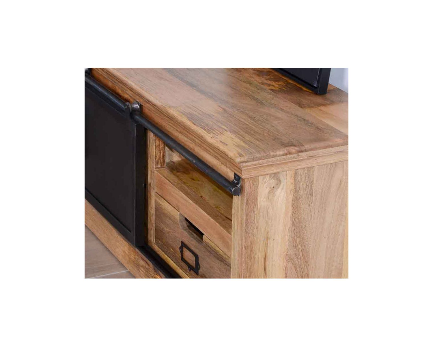 Mueble bajo para televisión de 180 cm, de madera maciza natural y metal gris «Haden»