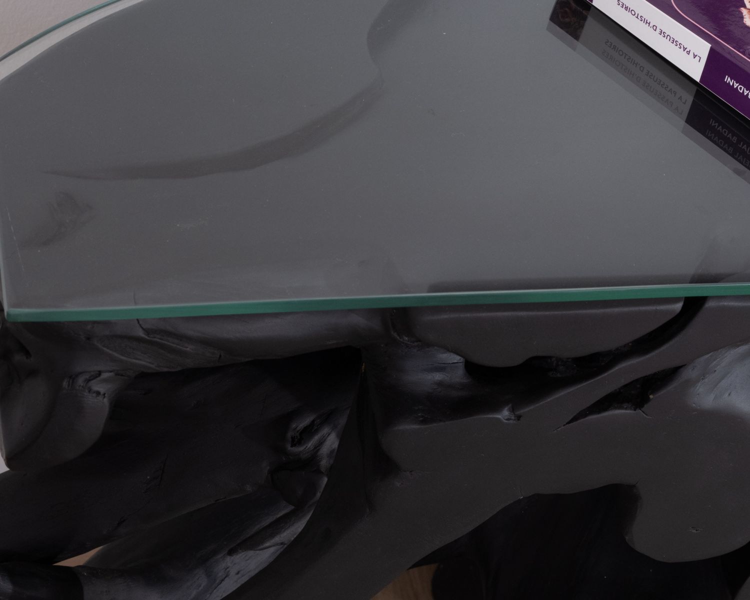 Consola de 150 cm de raíz de teca teñida de negro con tablero de cristal «Jungle»