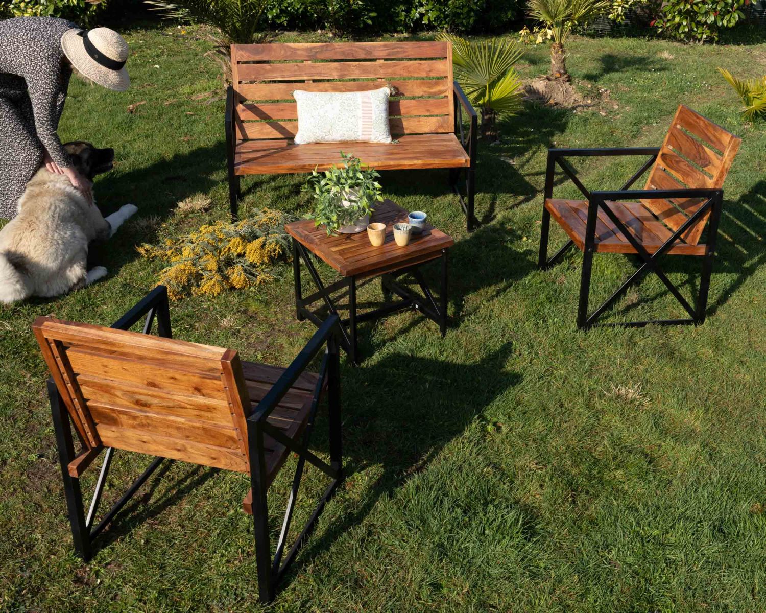 Lote de 2 sillas de jardín de madera y metal «Gardénia»