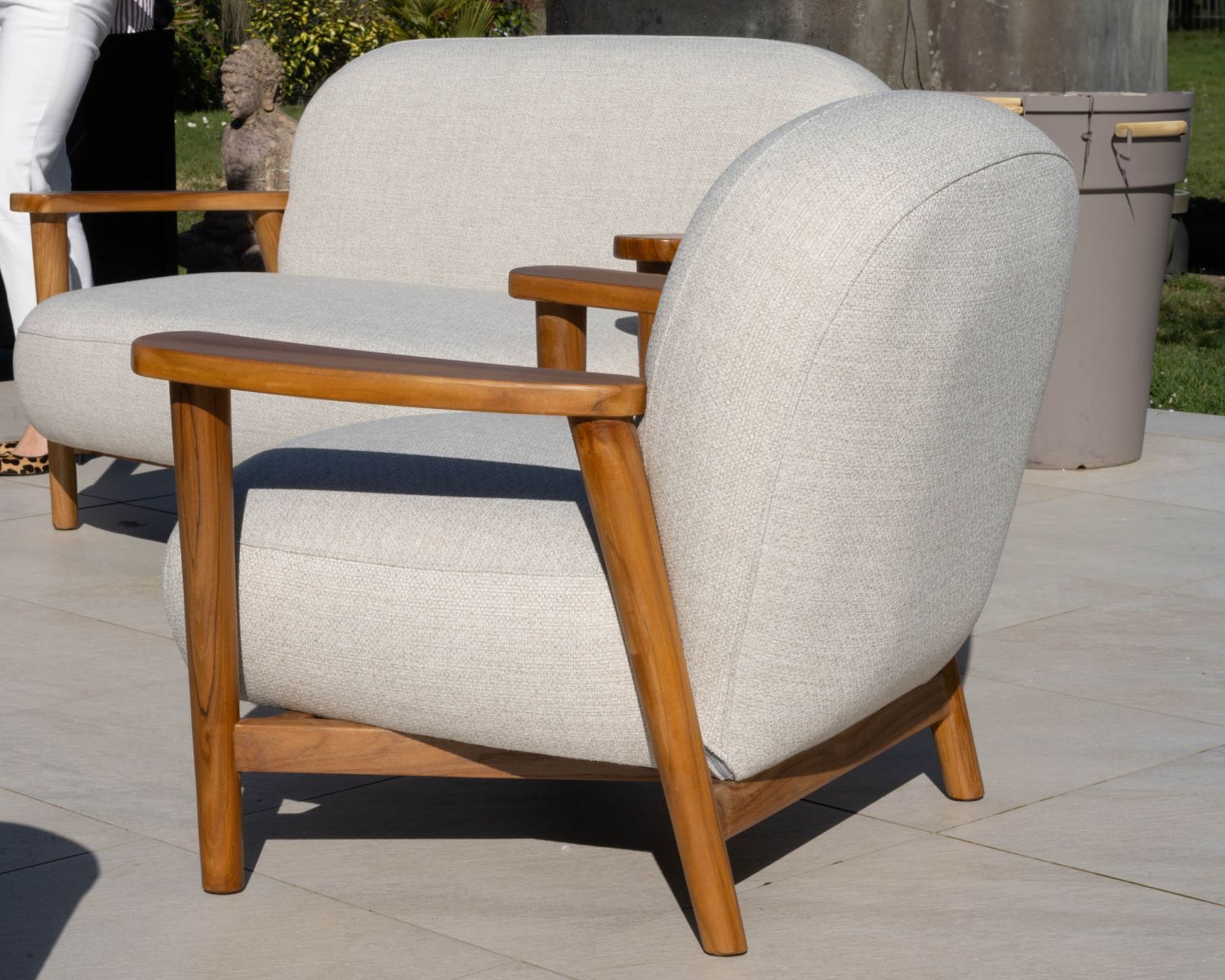 Conjunto de jardín de 3 piezas «Aristochair» de teca con tejido para exterior en blanco roto