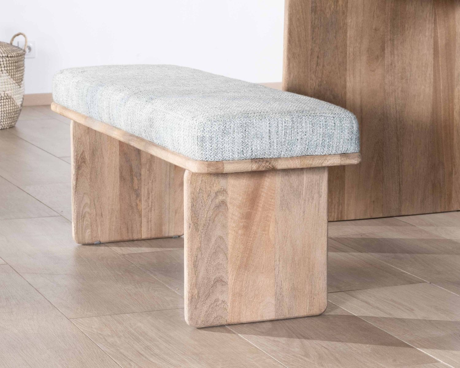 Elegante y cómodo banco de 120 cm de madera de mango con asiento acolchado de tela gris jaspeada «Maestro»