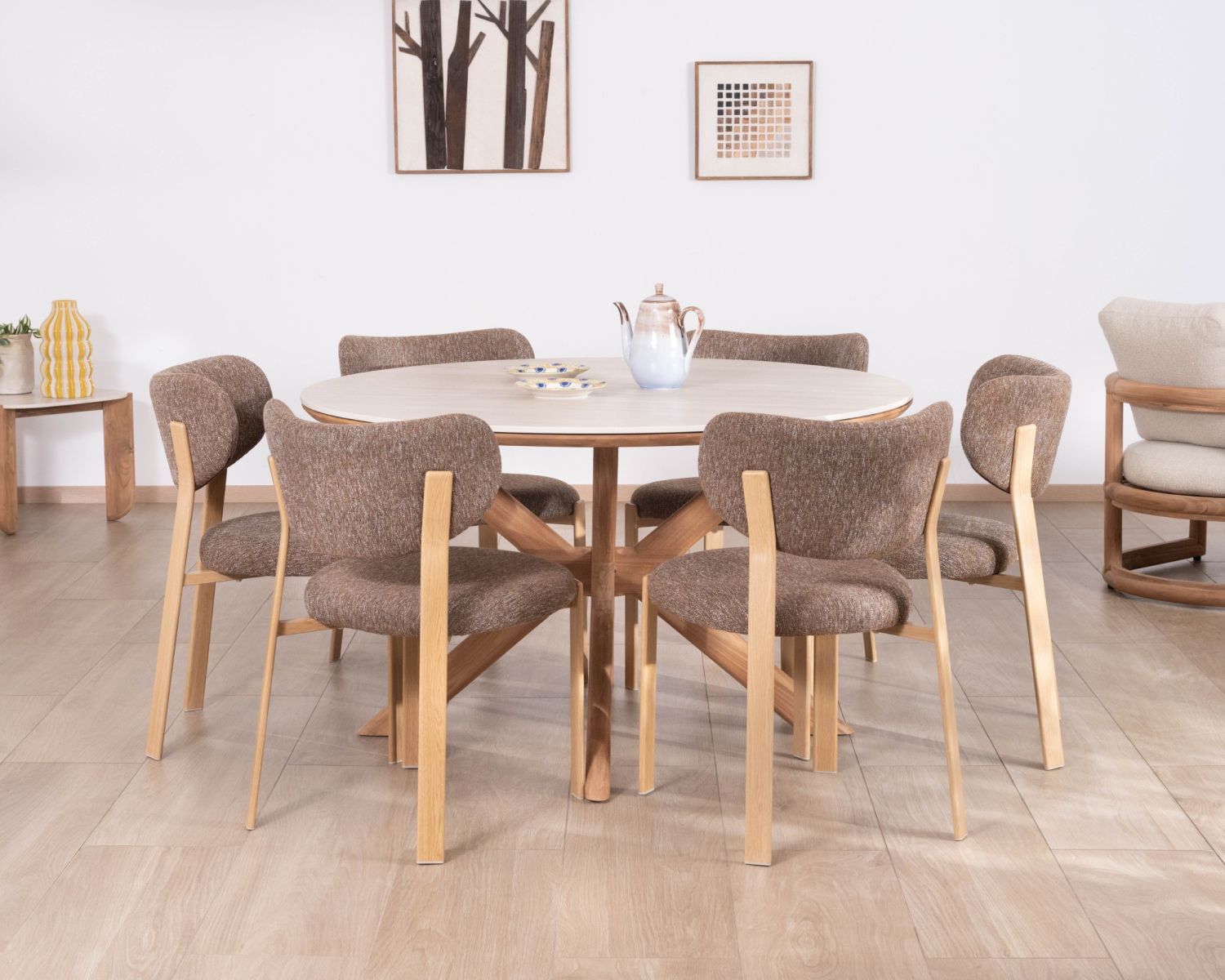 Mesa redonda para interior o exterior de 130 cm «Elsen», de teca maciza con tablero de cerámica con efecto travertino