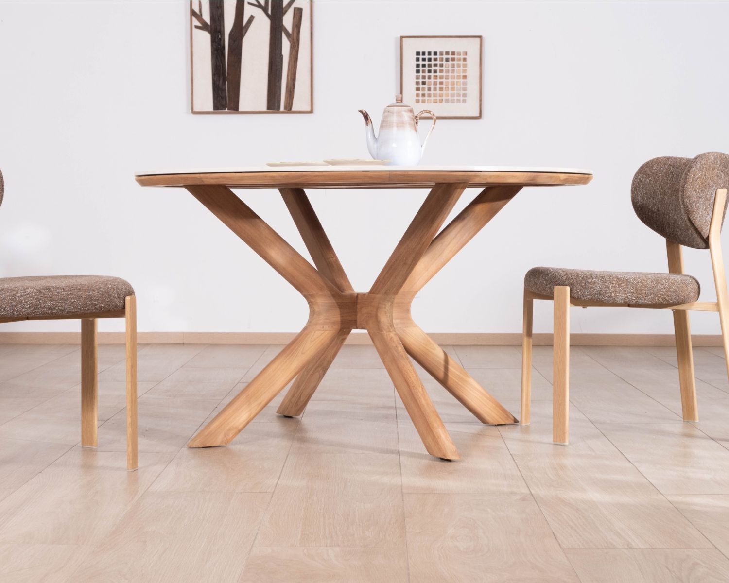 Mesa redonda para interior o exterior de 130 cm «Elsen», de teca maciza con tablero de cerámica con efecto travertino