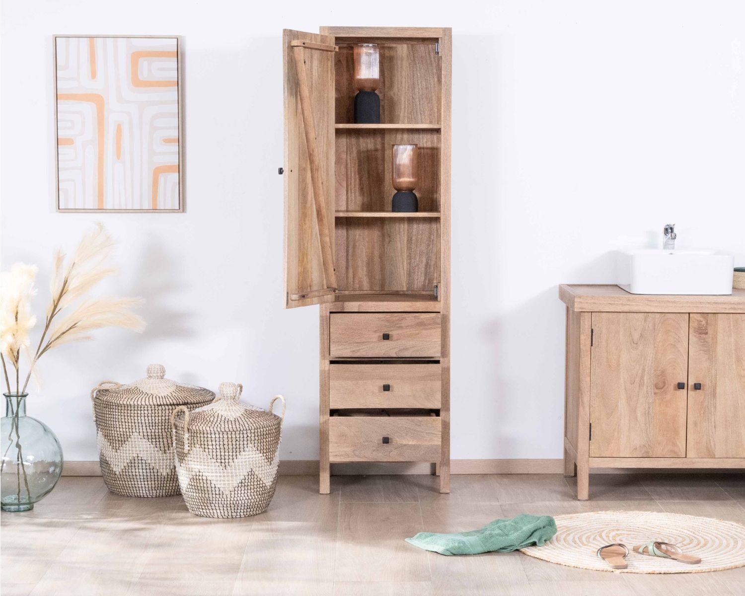 Mueble de almacenamiento de madera maciza de mango con puerta y cajones «Maestro»