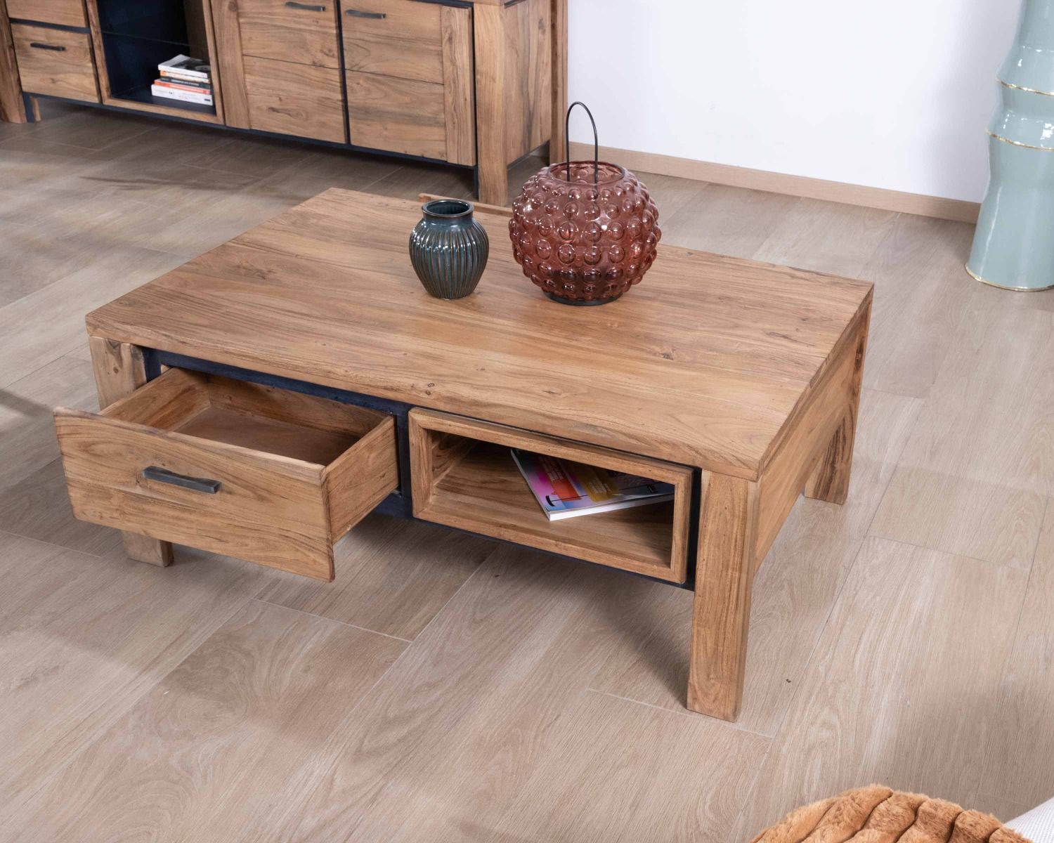 Mesa de salón rectangular reversible de acacia maciza con cajones y ribete negro «Fantaisie», 110 cm