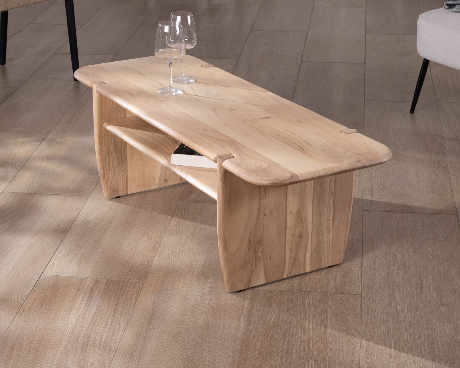 Mesa de salón de diseño minimalista en madera de acacia con hueco «Trudy» de 120 cm