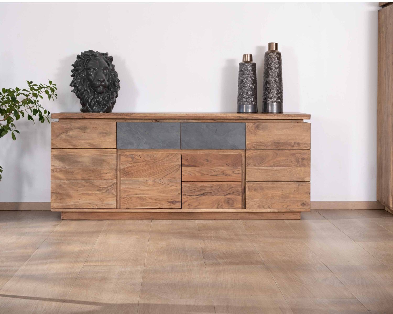 Aparador contemporáneo de 175 cm de acacia con tira de LED y cajones chapados en piedra «Paguera»
