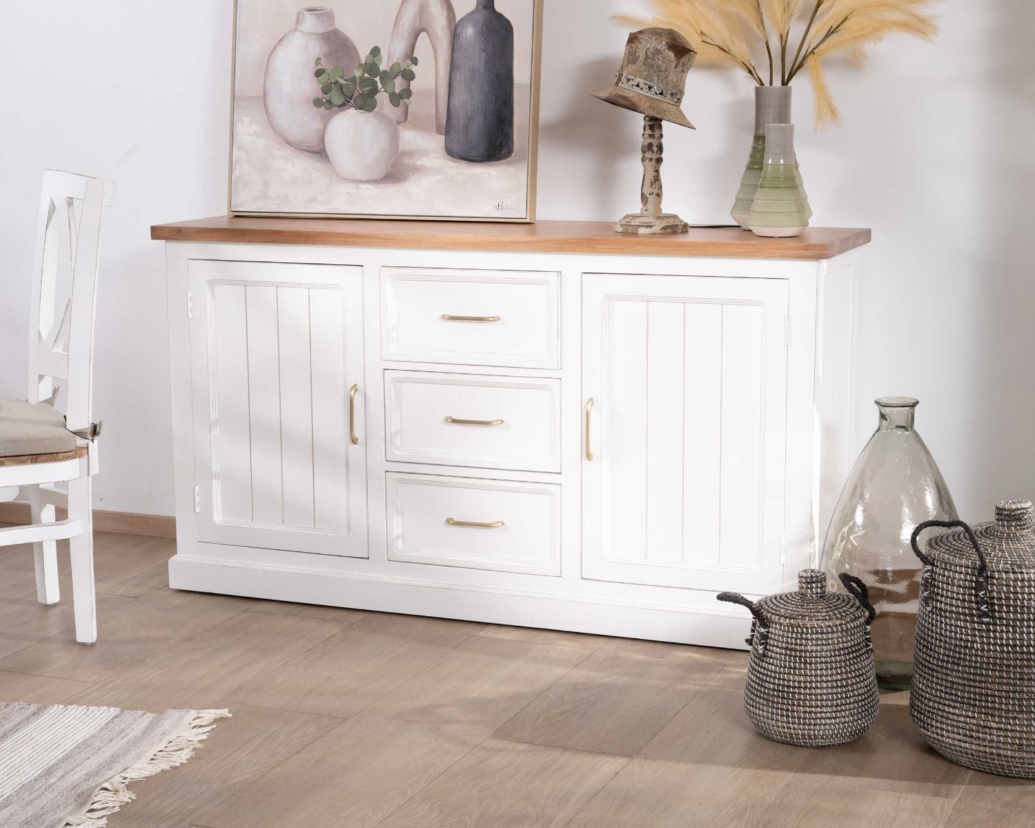 Aparador de acacia blanca de 165 cm con encimera natural «Trégastel»