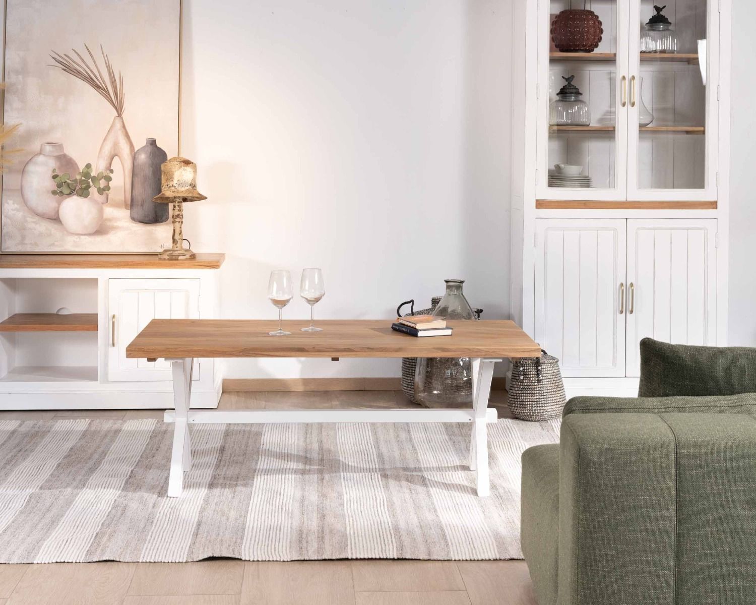 Mesa de salón rectangular de acacia con patas blancas, estilo rústico «Trégastel»