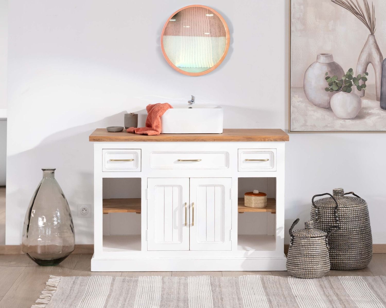 Mueble con lavabo individual de acacia blanca «Trégastel», 120 cm