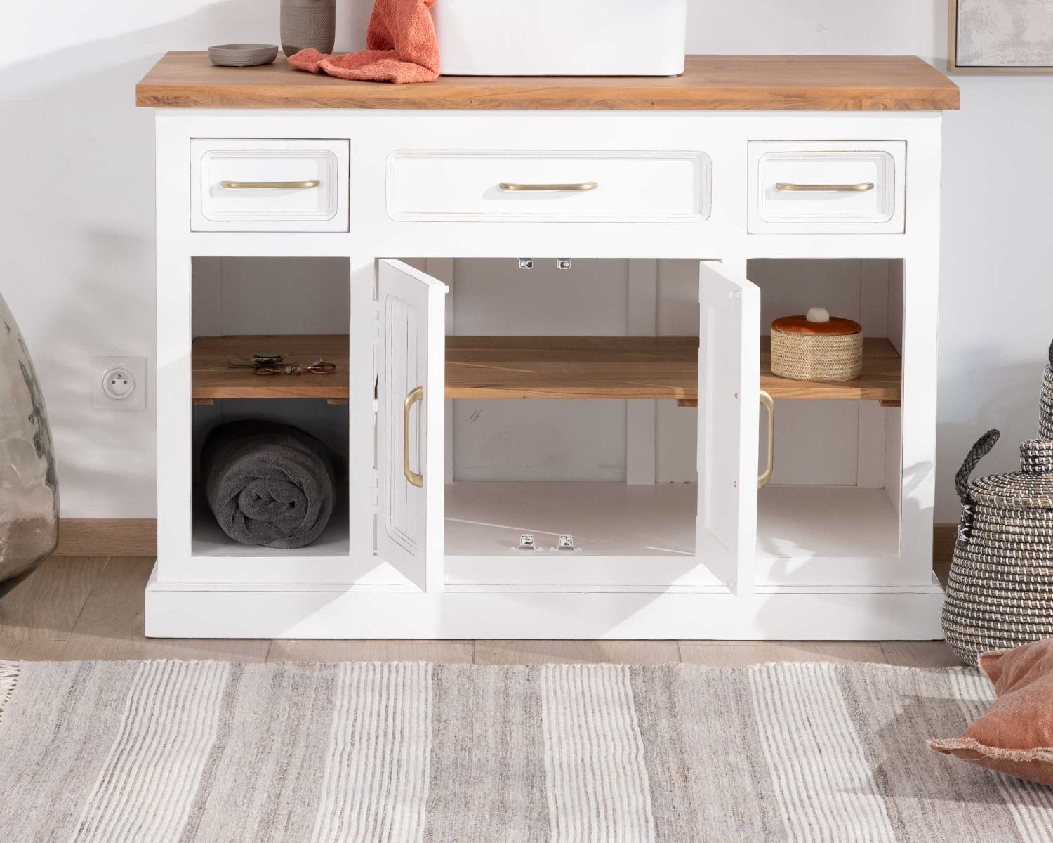 Mueble con lavabo individual de acacia blanca «Trégastel», 120 cm