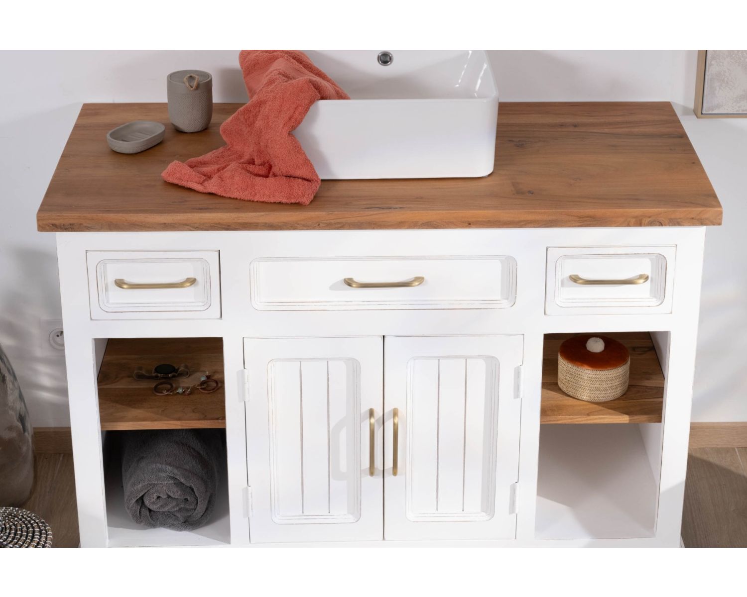 Mueble con lavabo individual de acacia blanca «Trégastel», 120 cm