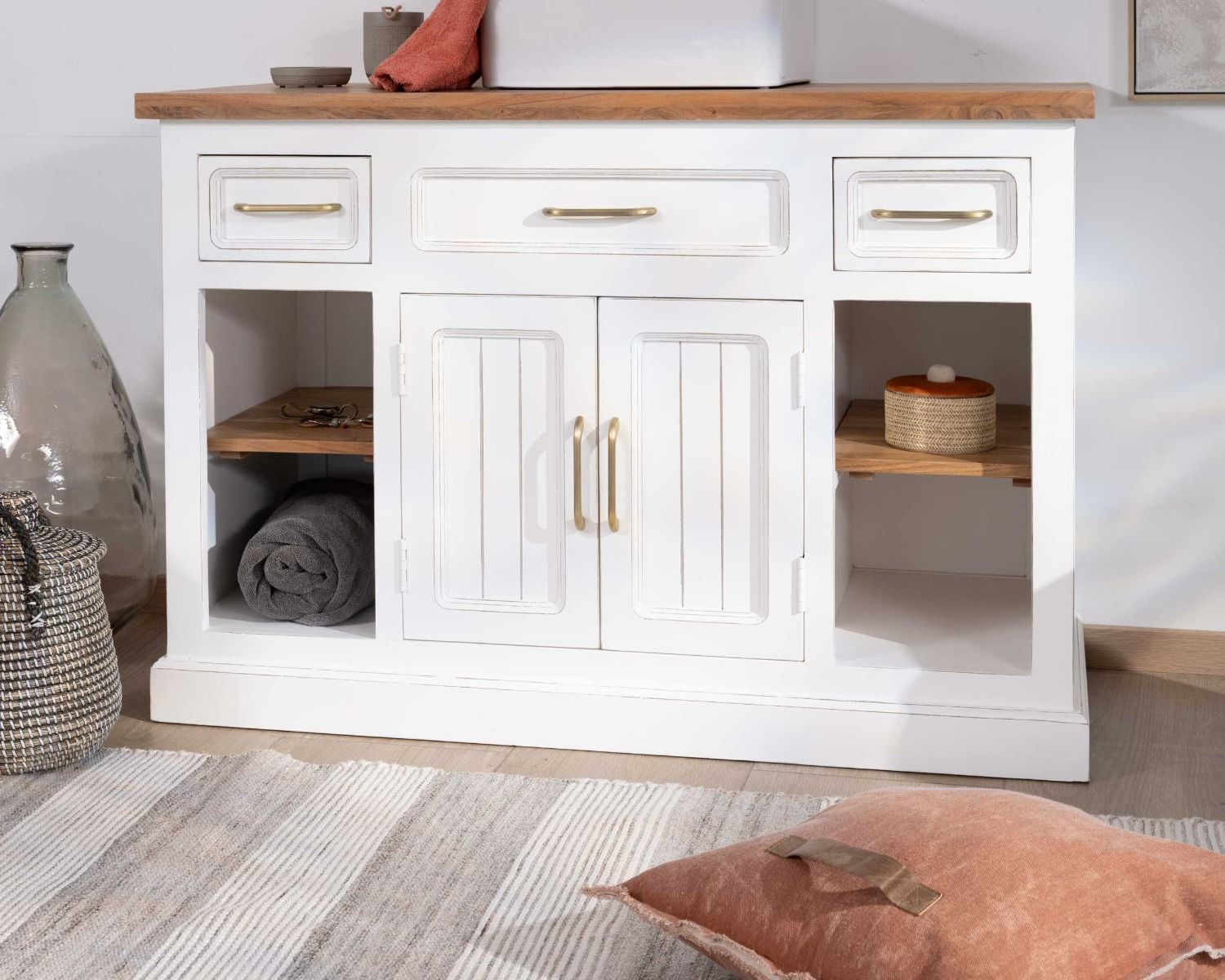 Mueble con lavabo individual de acacia blanca «Trégastel», 120 cm