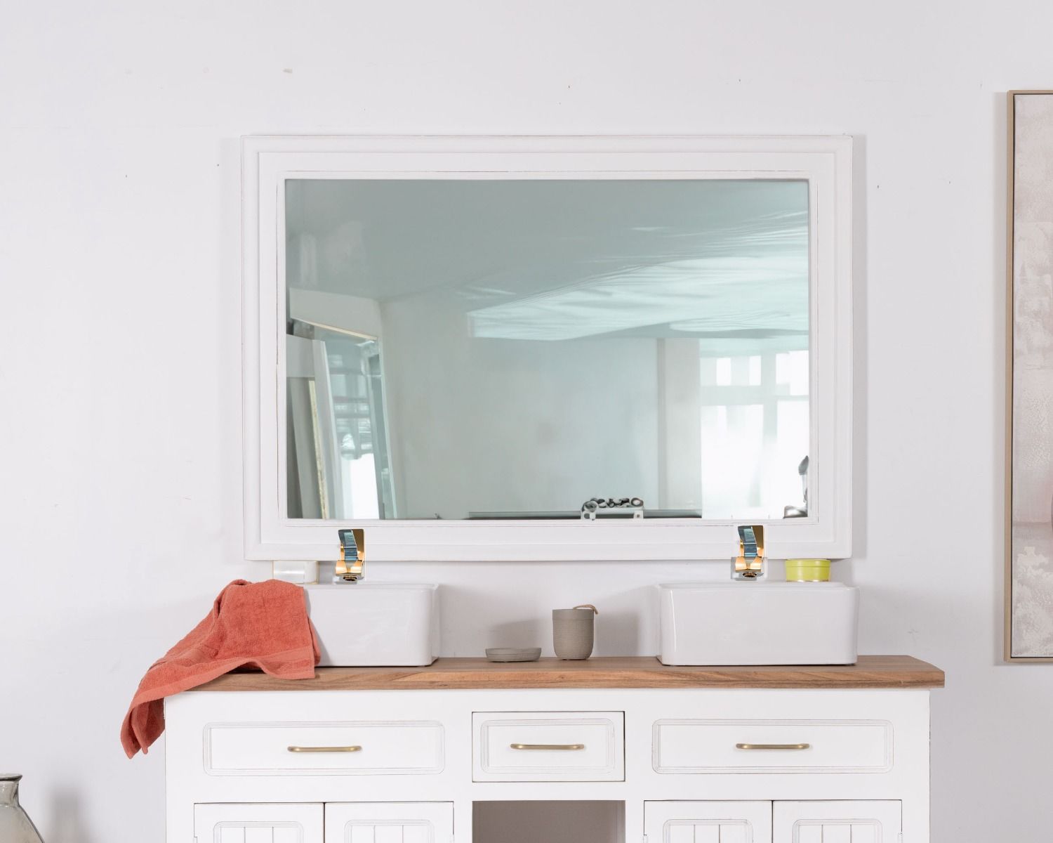 Espejo rectangular grande de 130 x 90 cm con marco de acacia blanca «Trégastel»