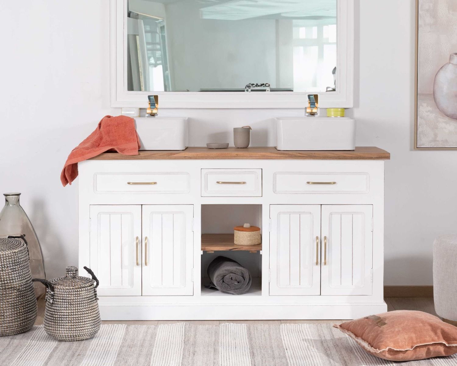 Mueble de baño doble en acacia natural y blanco «Trégastel»