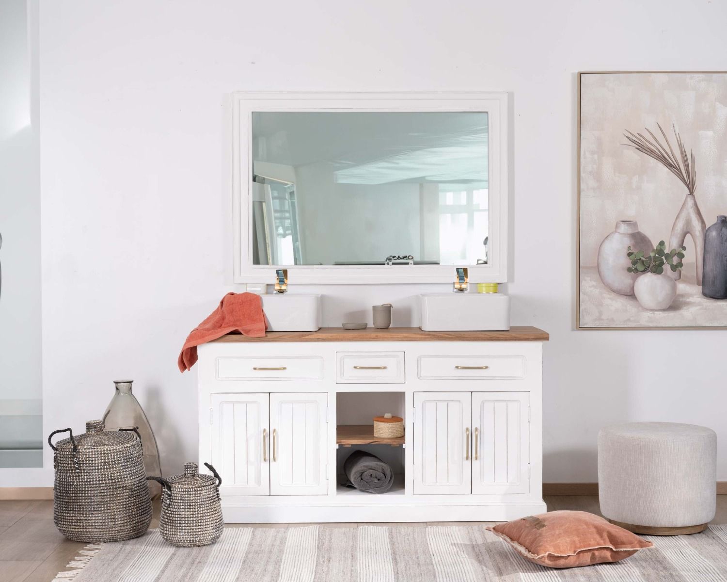 Mueble de baño doble en acacia natural y blanco «Trégastel»