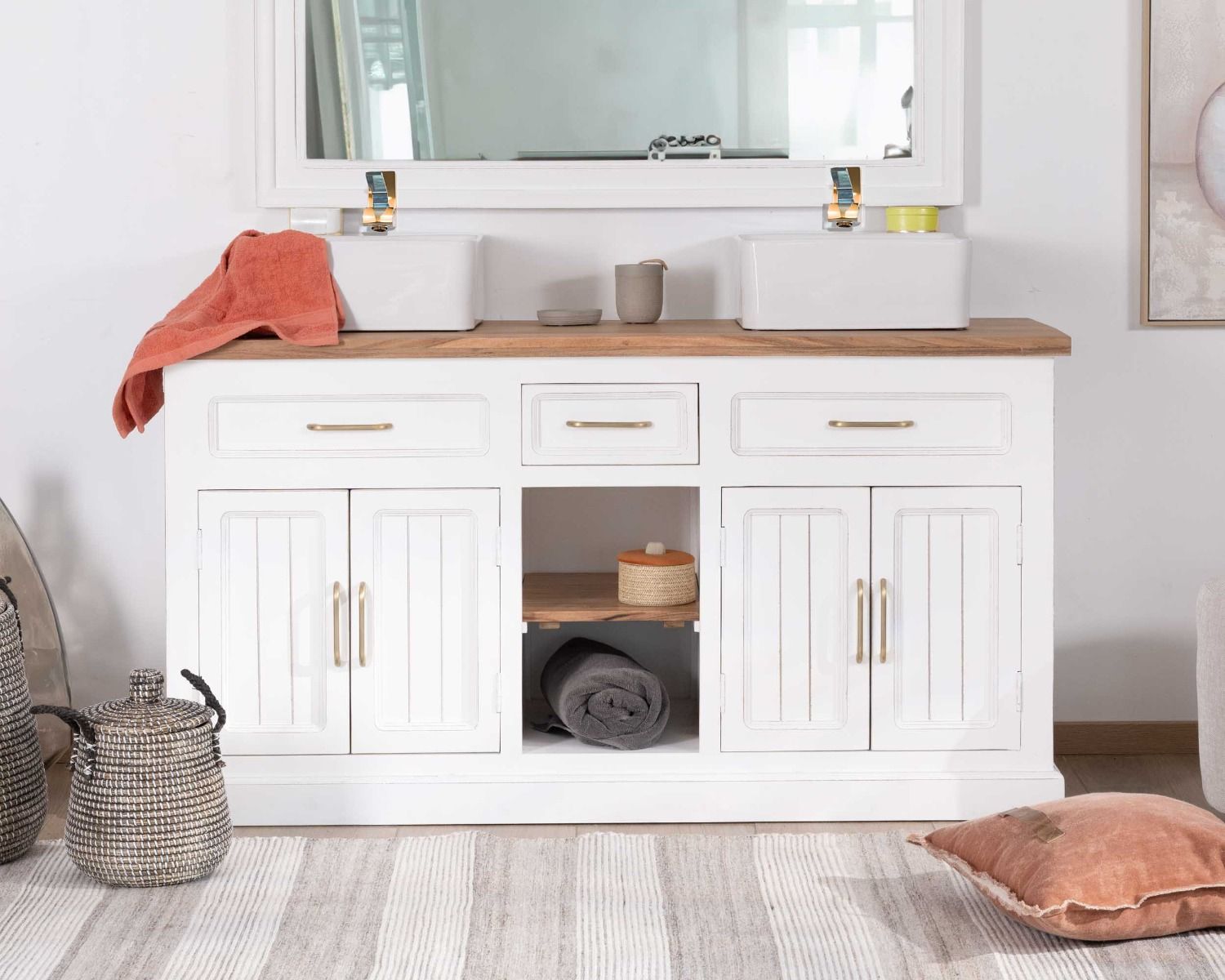 Mueble de baño doble en acacia natural y blanco «Trégastel»