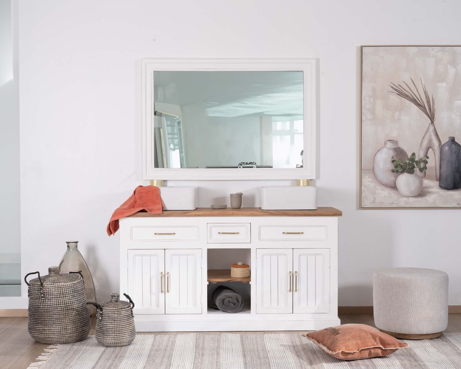 Espejo rectangular grande de 130 x 90 cm con marco de acacia blanca «Trégastel»