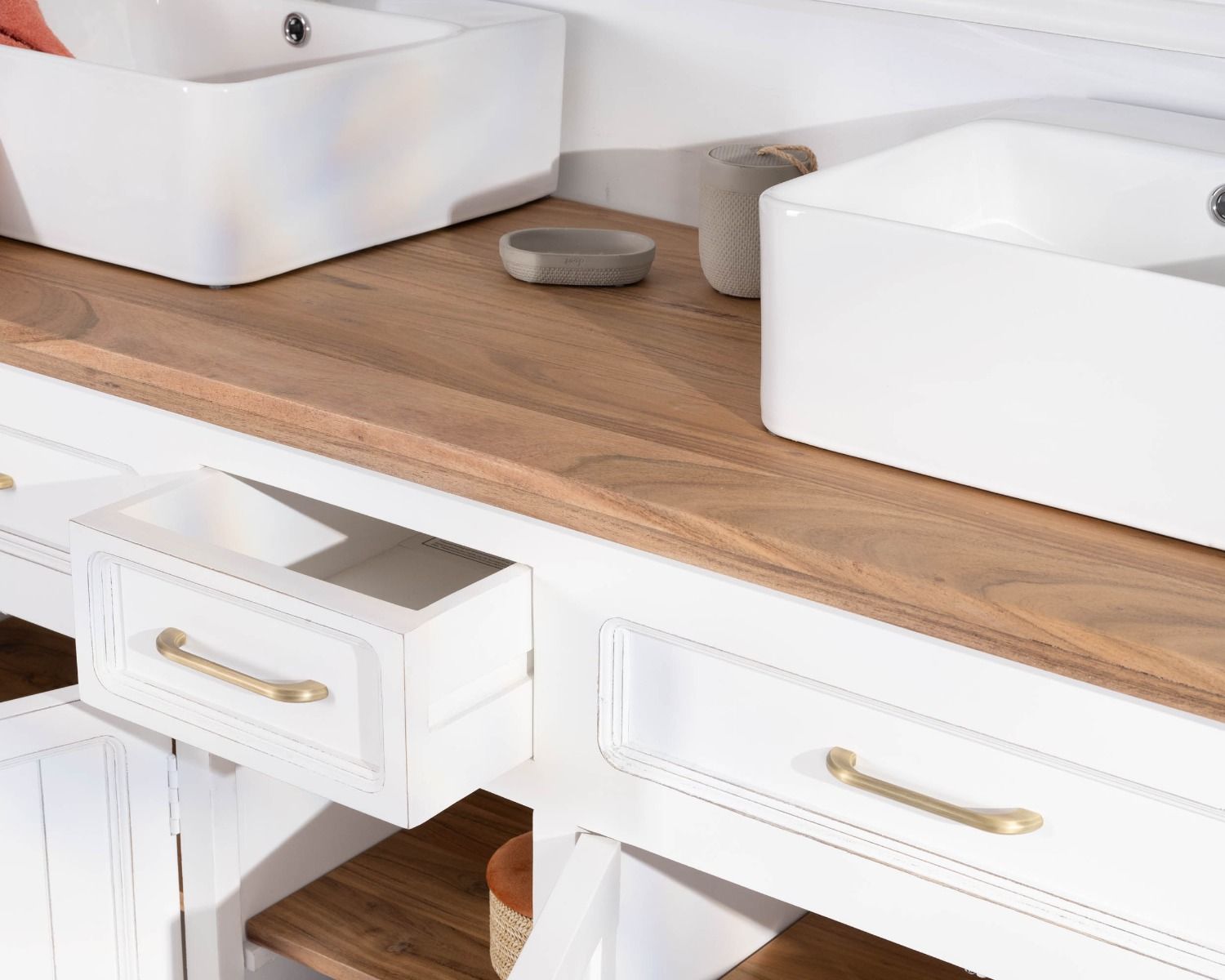 Mueble de baño doble en acacia natural y blanco «Trégastel»