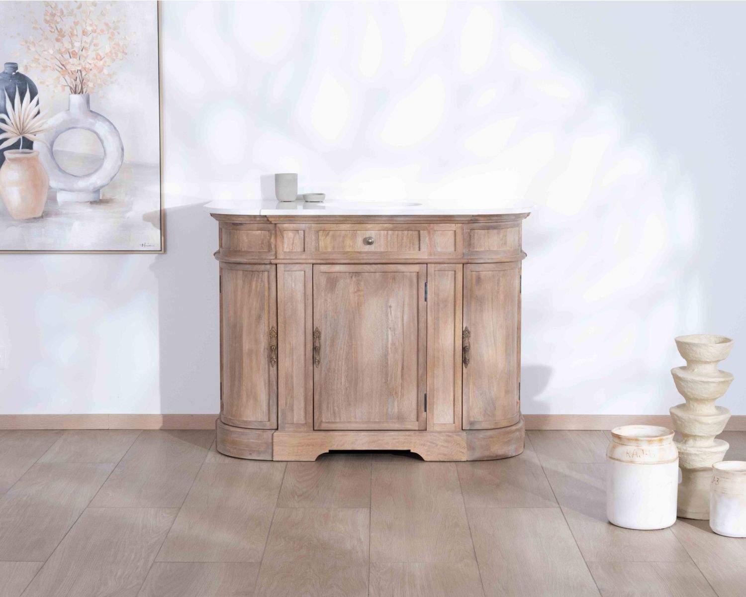 Mueble de baño con un lavabo, de madera maciza de mango y cuarzo blanco «Églantine»