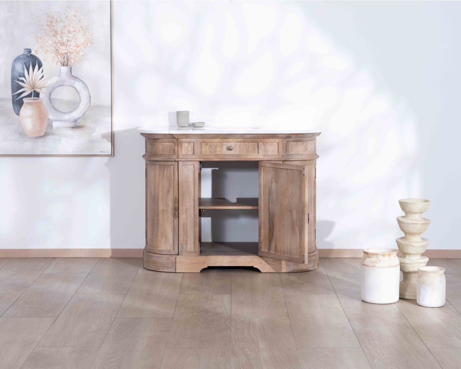 Mueble de baño con un lavabo, de madera maciza de mango y cuarzo blanco «Églantine»