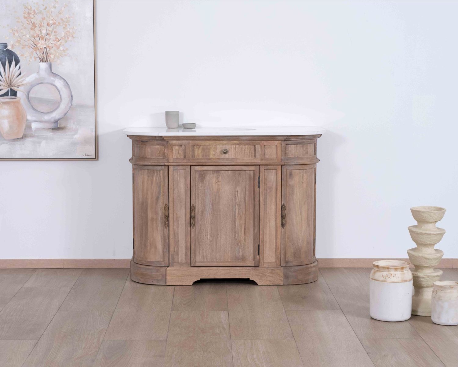 Mueble de baño con un lavabo, de madera maciza de mango y cuarzo blanco «Églantine»