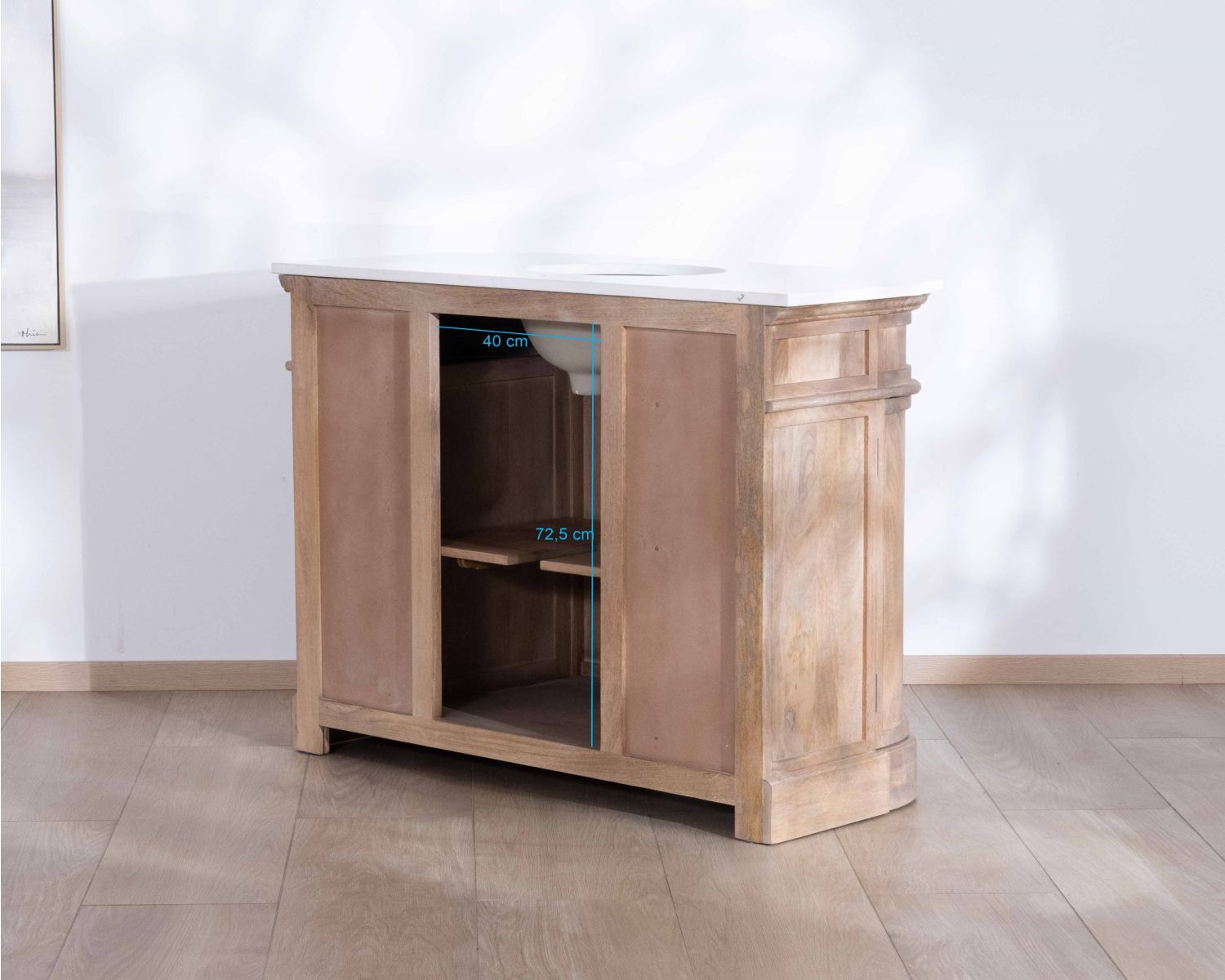 Mueble de baño con un lavabo, de madera maciza de mango y cuarzo blanco «Églantine»
