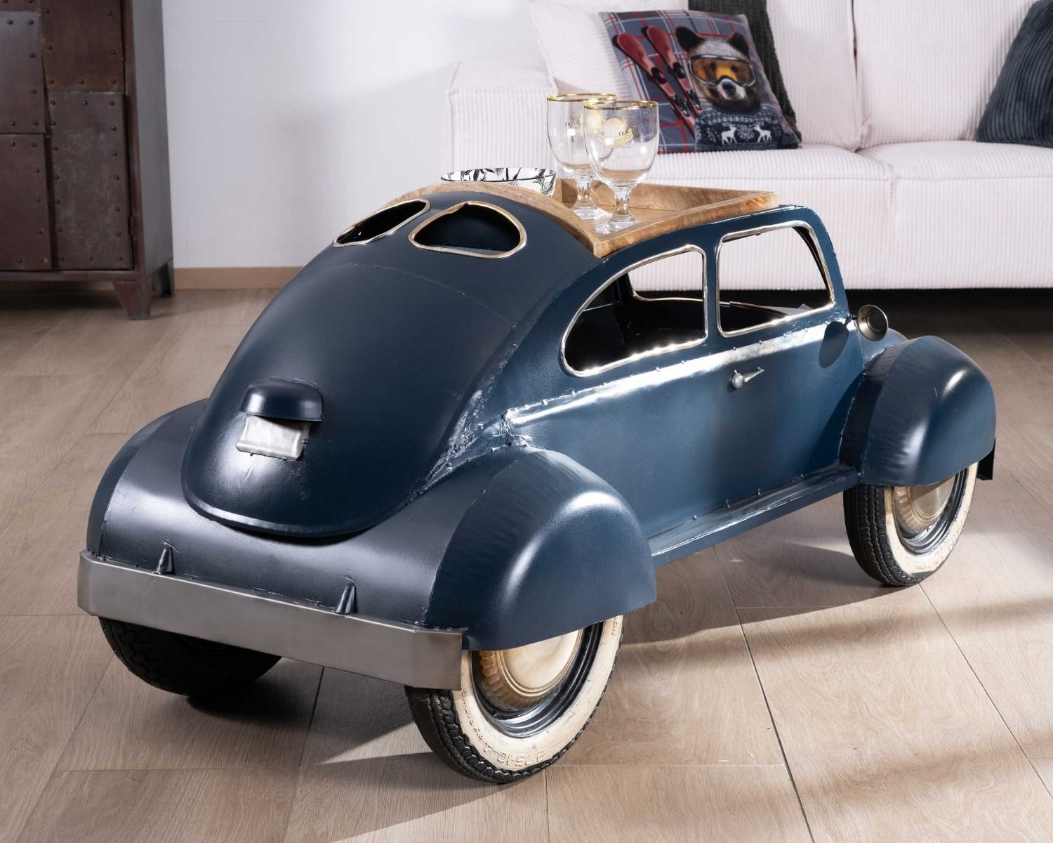 Original mesa de centro con forma de coche vintage azul «Crazy»