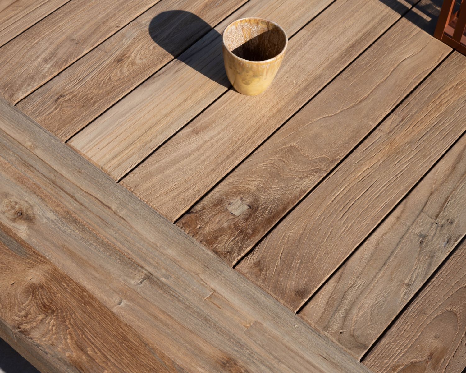 Gran mesa de centro de diseño «japandi» para exterior, de teca, modelo «Eclipse», 140 cm