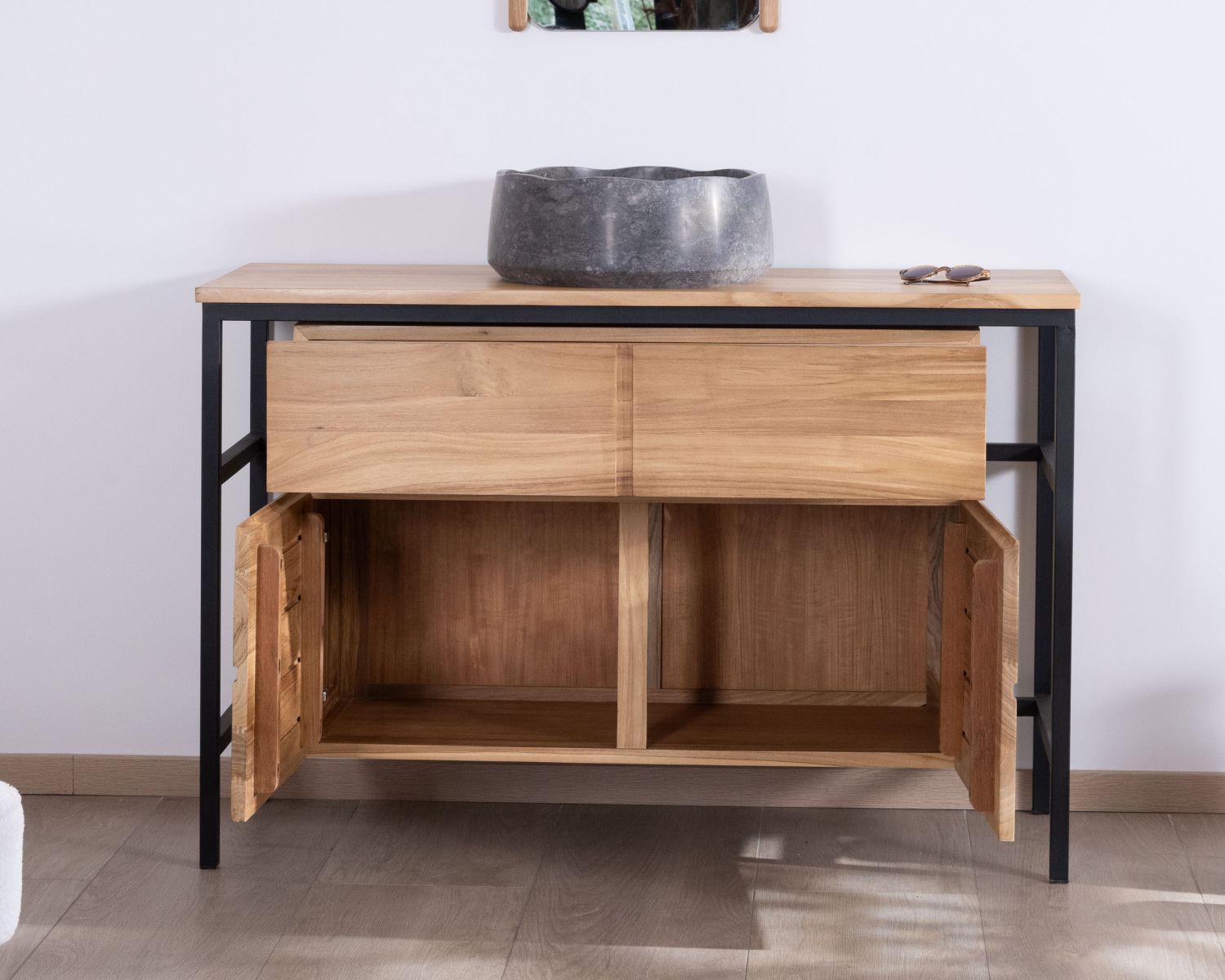 Mueble de baño contemporáneo de teca de 120 cm «Wavy» con base de diseño de metal