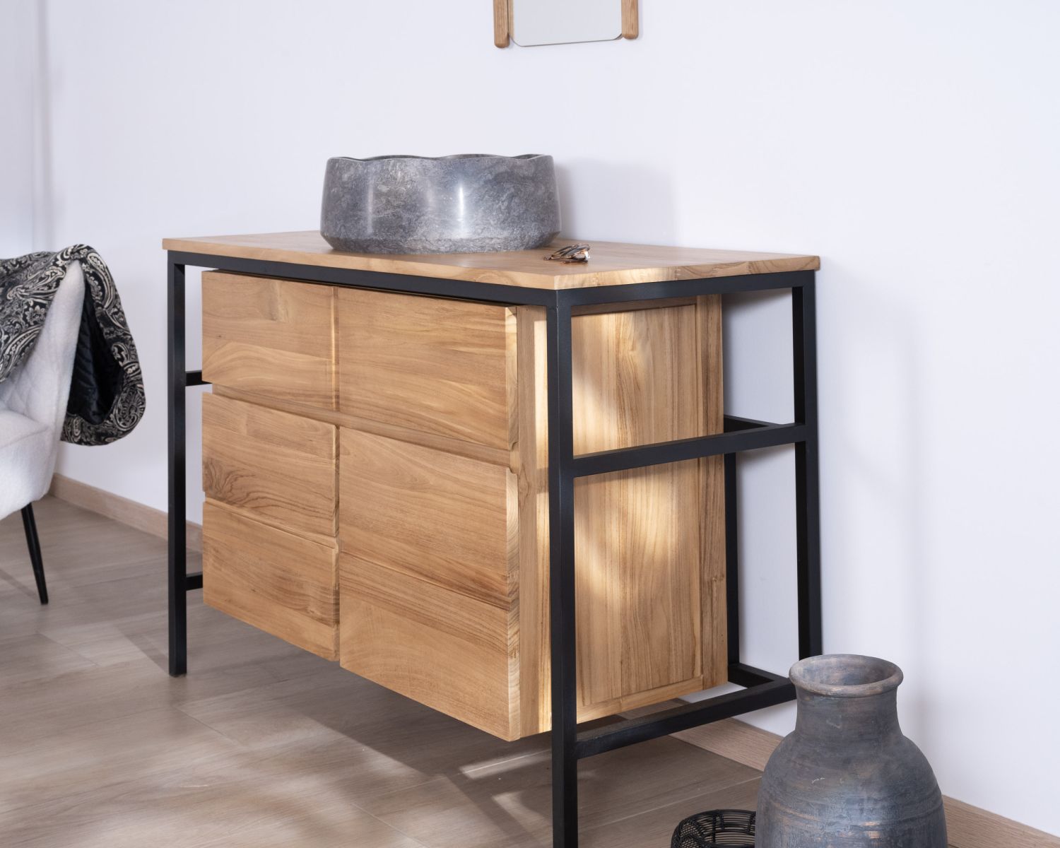 Mueble de baño contemporáneo de teca de 120 cm «Wavy» con base de diseño de metal