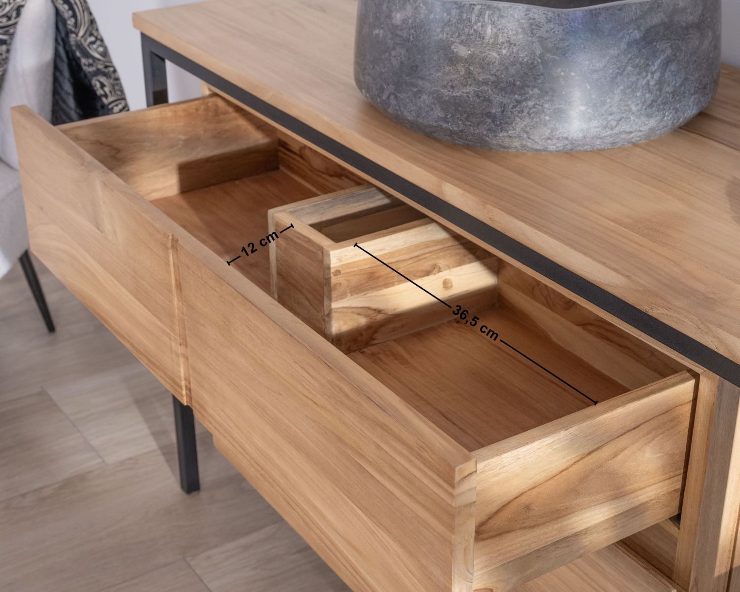 Mueble de baño contemporáneo de teca de 120 cm «Wavy» con base de diseño de metal