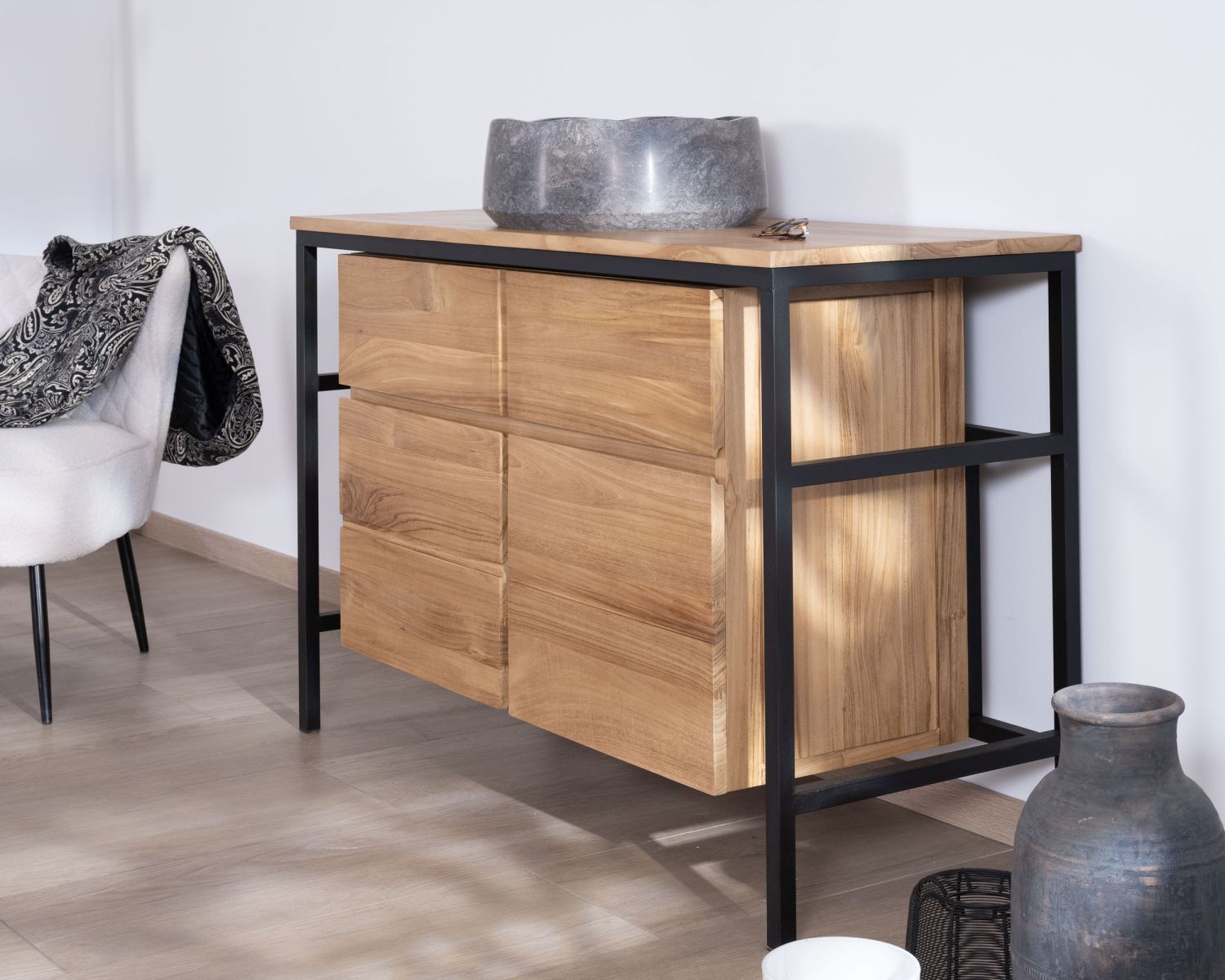 Mueble de baño contemporáneo de teca de 120 cm «Wavy» con base de diseño de metal