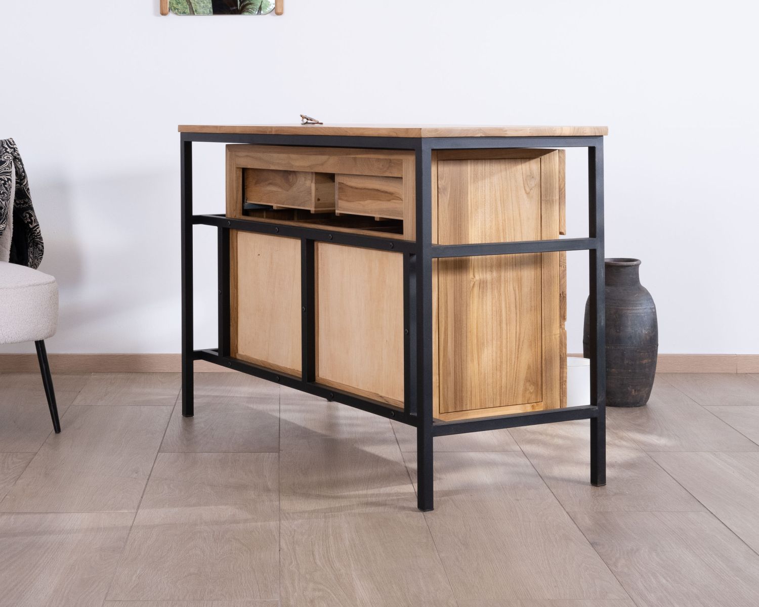 Mueble de baño contemporáneo de teca de 120 cm «Wavy» con base de diseño de metal