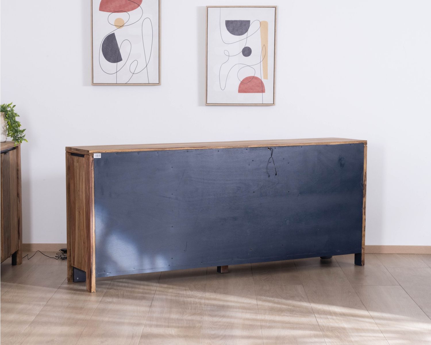 Aparador con múltiples compartimentos y estantes de cristal «Enoa», de palisandro y acacia, 200 cm 