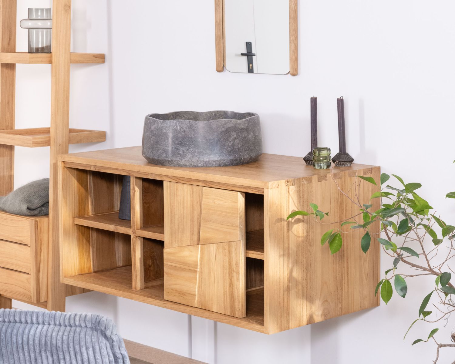 Mueble bajo lavabo suspendido de teca con puertas correderas «Tao», 105 cm
