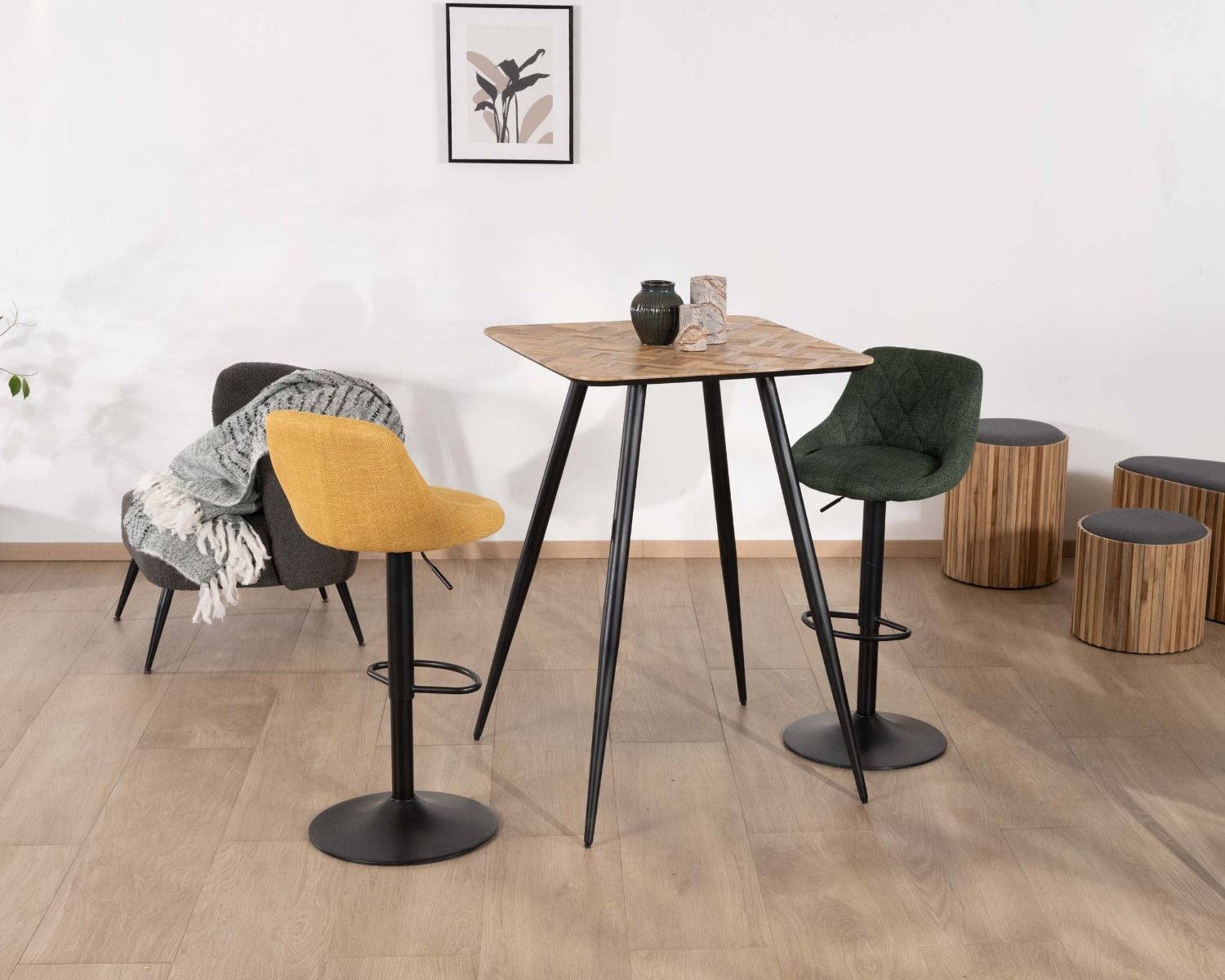 Mesa de bar cuadrada de 75 cm de teca reciclada con patas negras tipo «lápiz» «Foster»