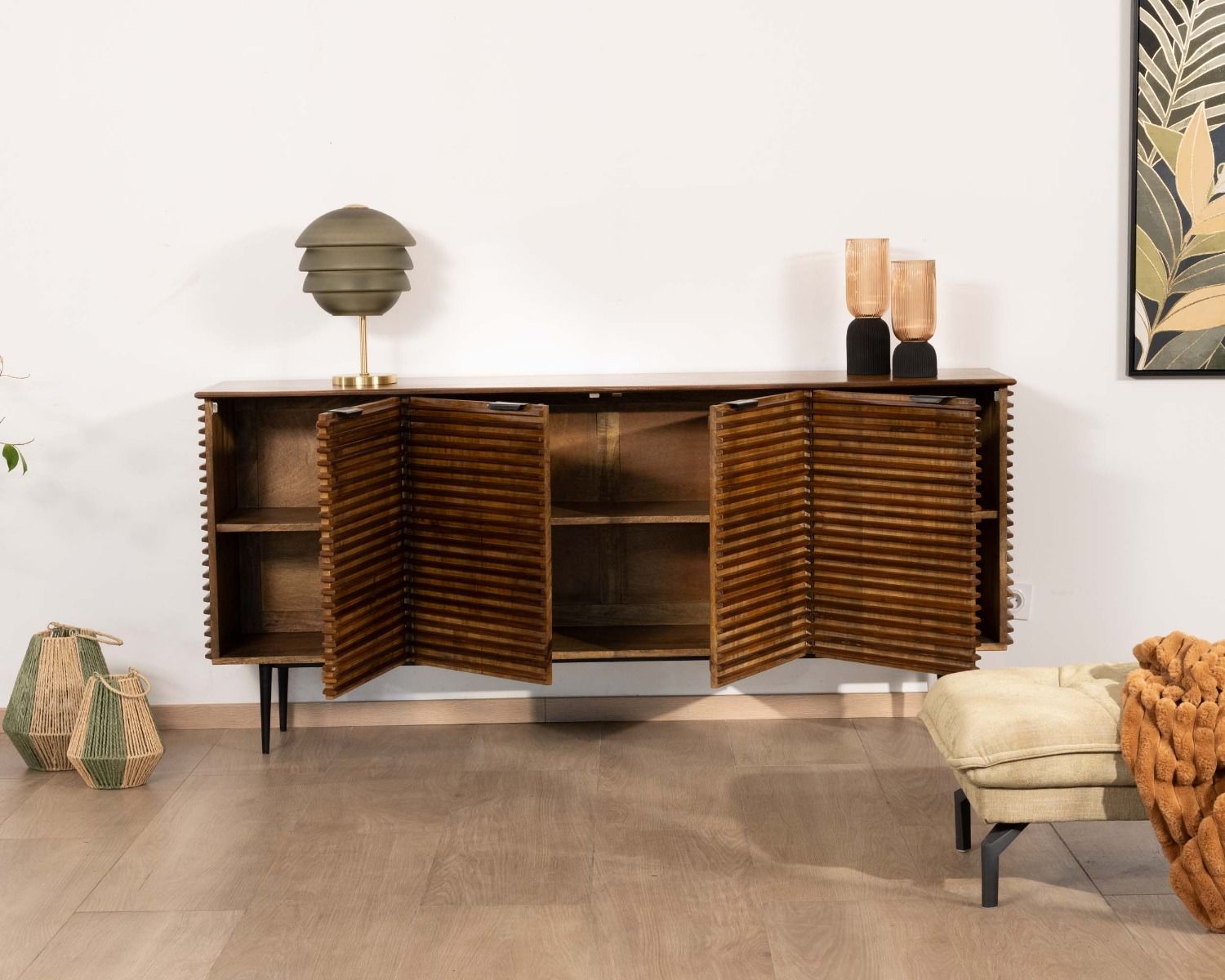 Aparador retro de 4 puertas de teca y mango macizo, 183 cm, «Sheffield»