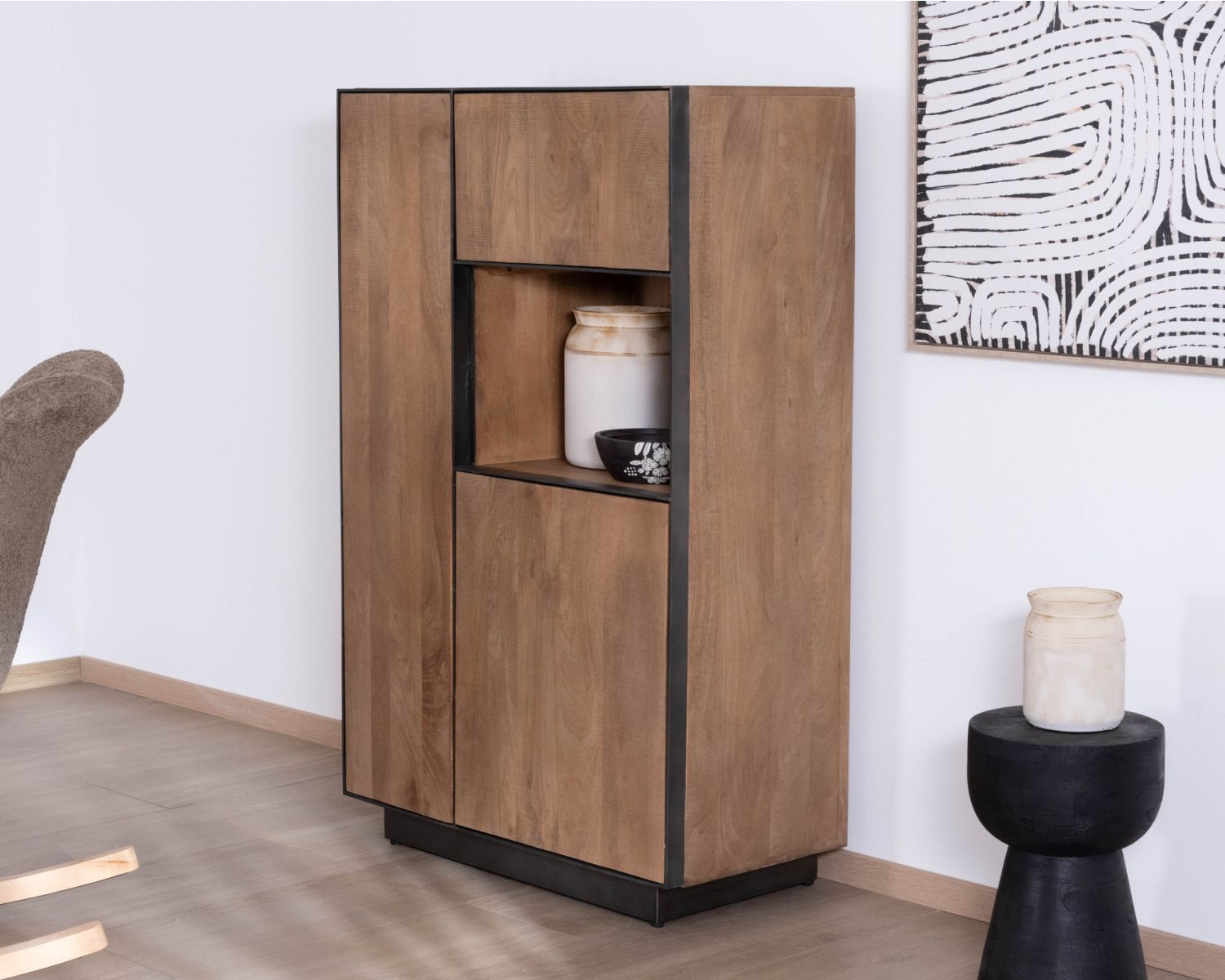 Cajonera de madera maciza de mango con 2 puertas «Santo», de estilo minimalista