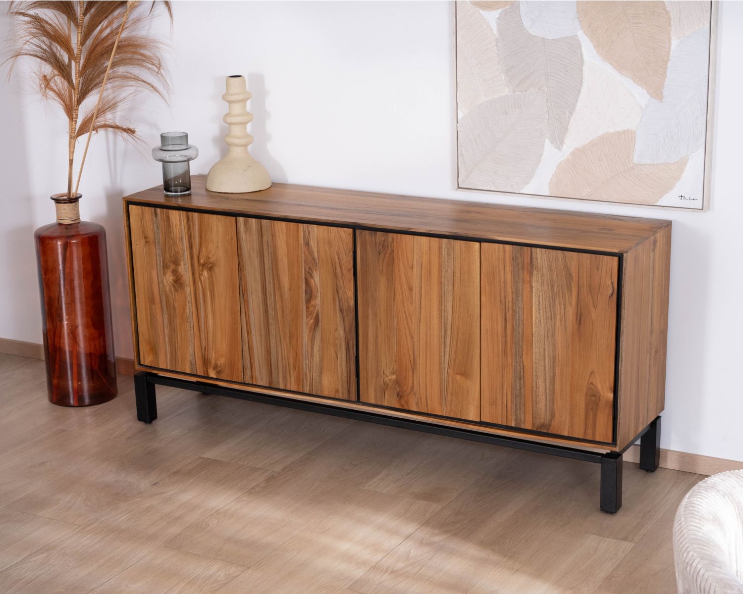 Aparador contemporáneo de 4 puertas en teca natural y metal negro «Olonie»