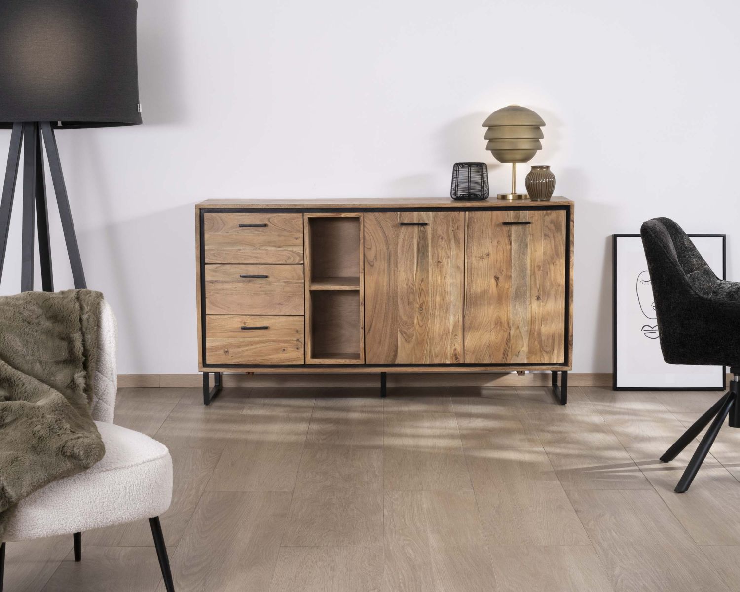 Aparador industrial de 160 cm de acacia «Baltik» con puertas, cajones y nichos