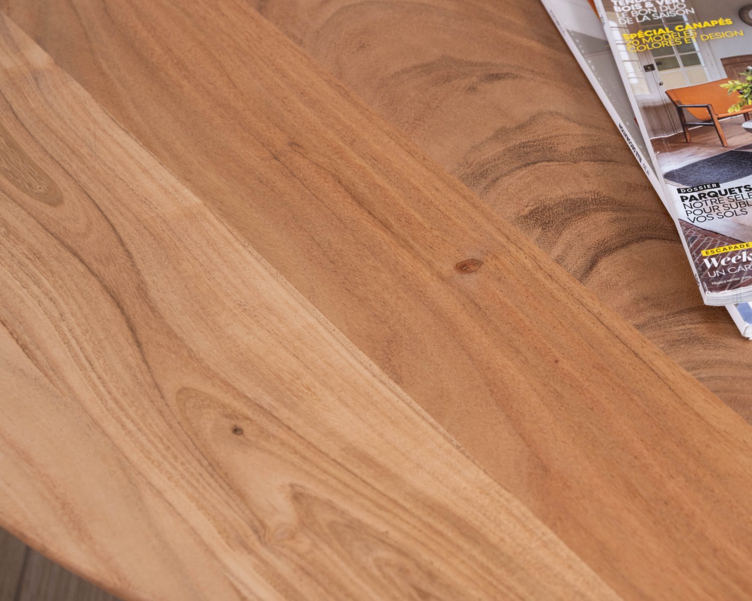 Mesa de centro de diseño, redonda, de madera maciza de acacia, con pata esférica «Voluto»