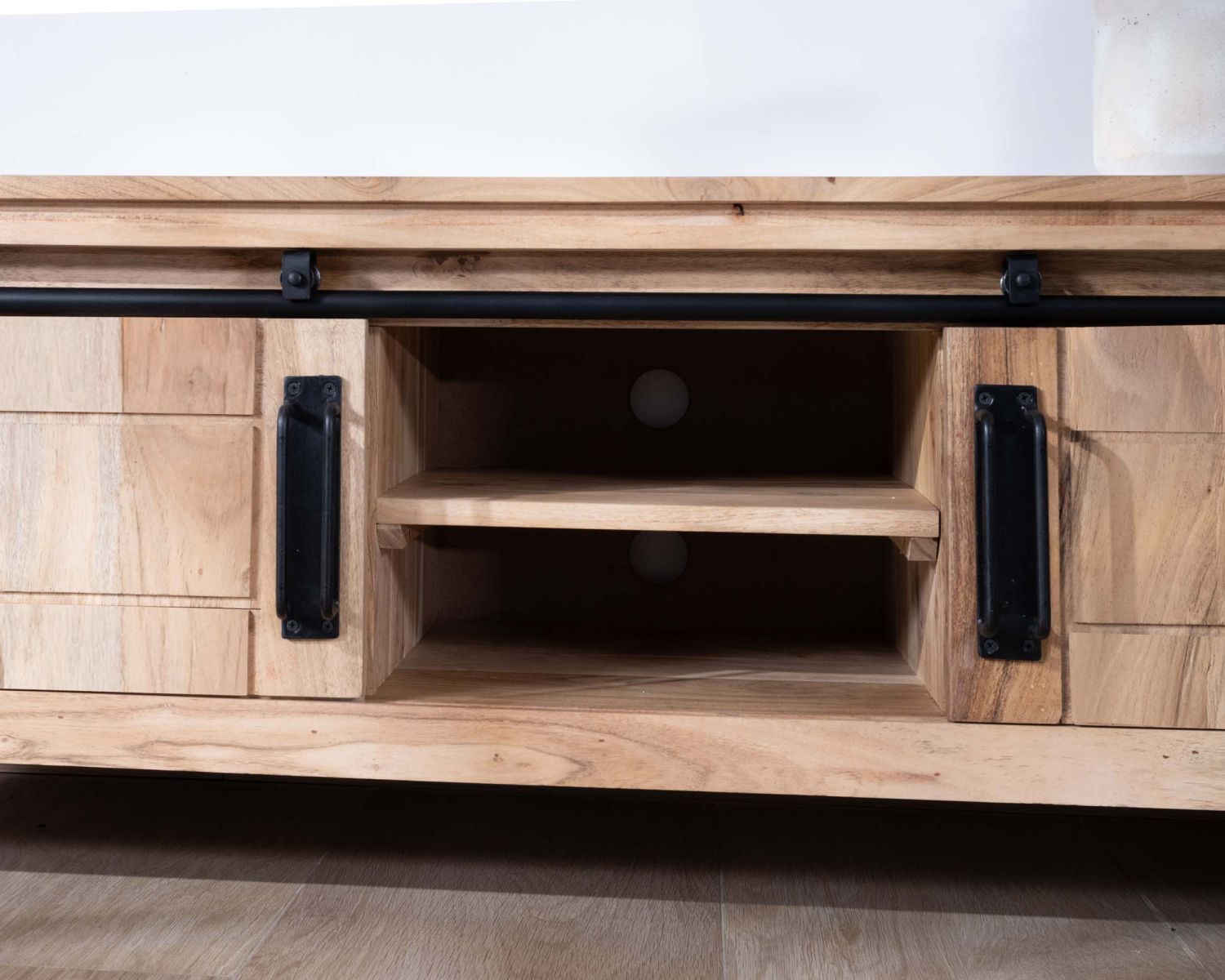 Mueble para televisión de estilo industrial de 180 cm, de madera y metal, con 2 puertas y 2 compartimentos «Montréal»