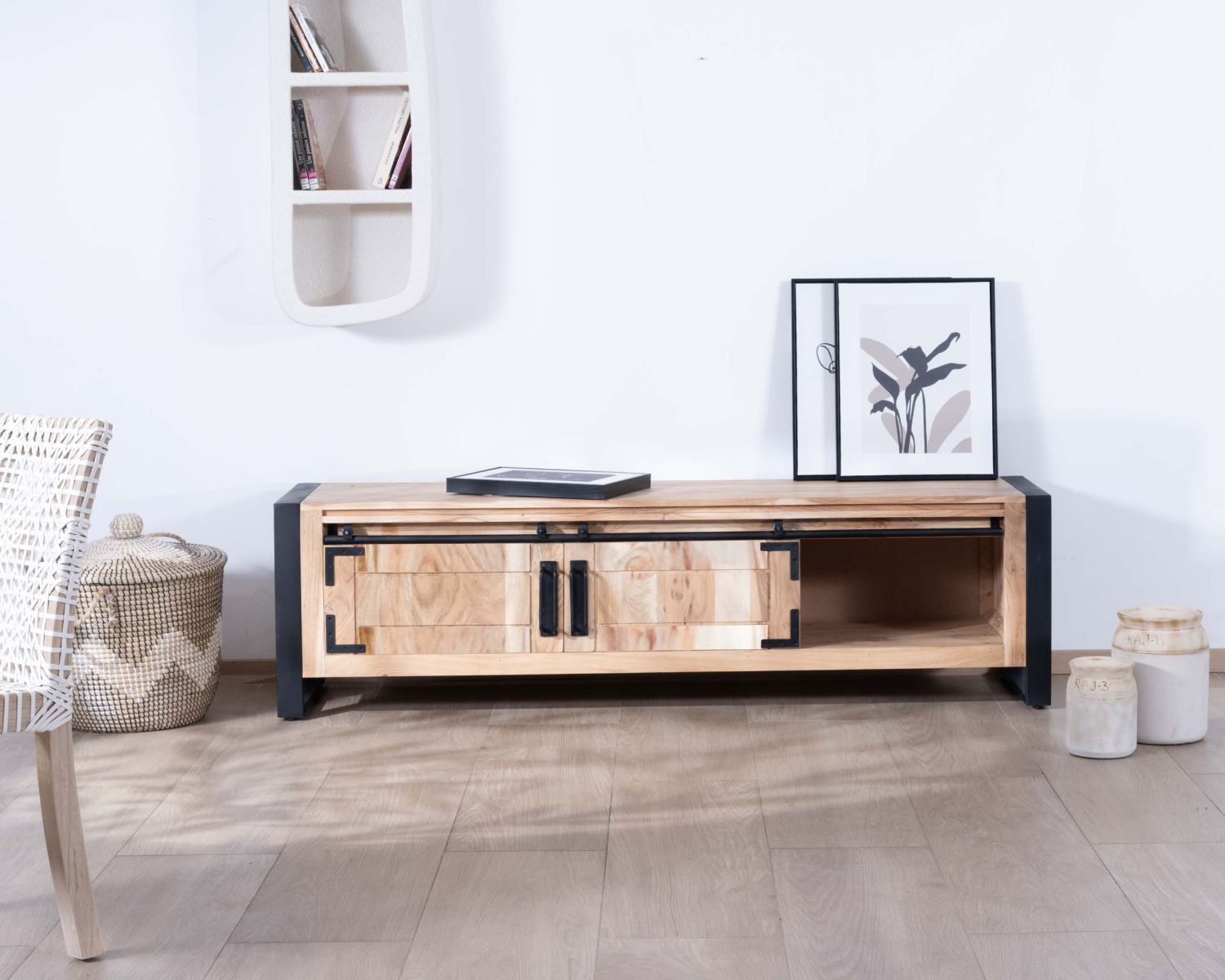 Mueble para televisión de estilo industrial de 180 cm, de madera y metal, con 2 puertas y 2 compartimentos «Montréal»