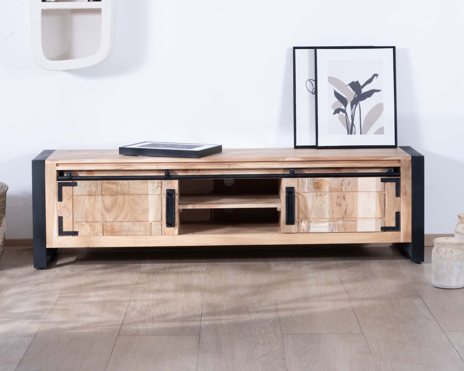 Mueble para televisión de estilo industrial de 180 cm, de madera y metal, con 2 puertas y 2 compartimentos «Montréal»