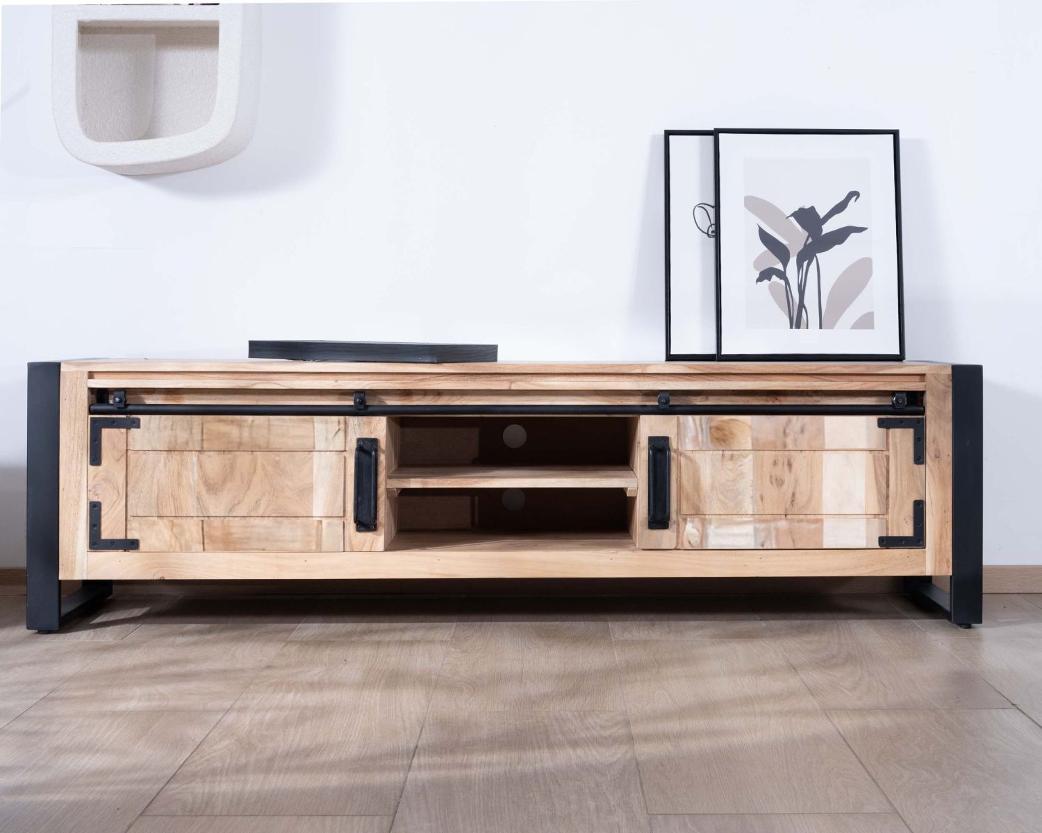 Mueble para televisión de estilo industrial de 180 cm, de madera y metal, con 2 puertas y 2 compartimentos «Montréal»