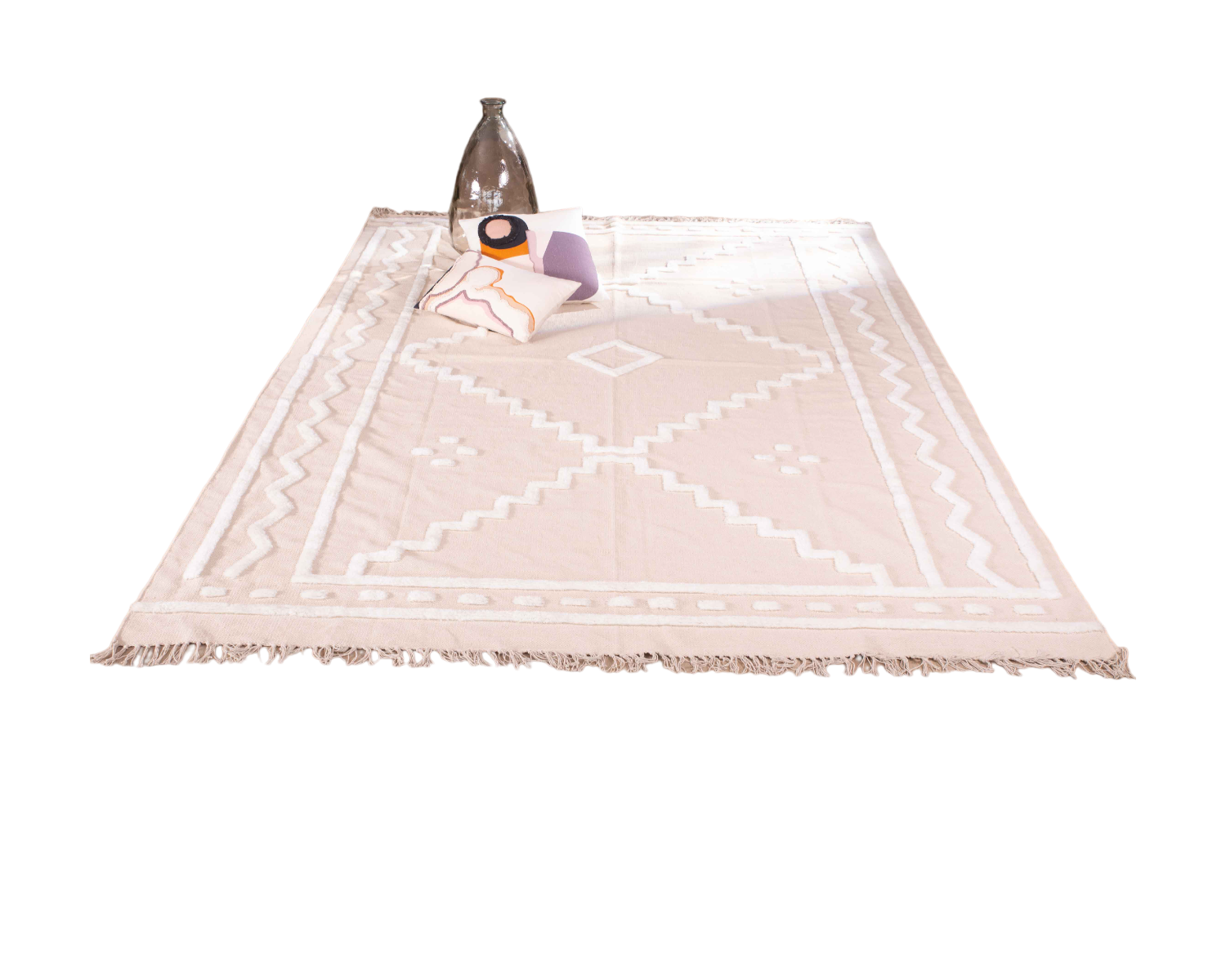 Gran alfombra rectangular de color beige con motivos bordados en blanco «Matis», 200 x 300 cm