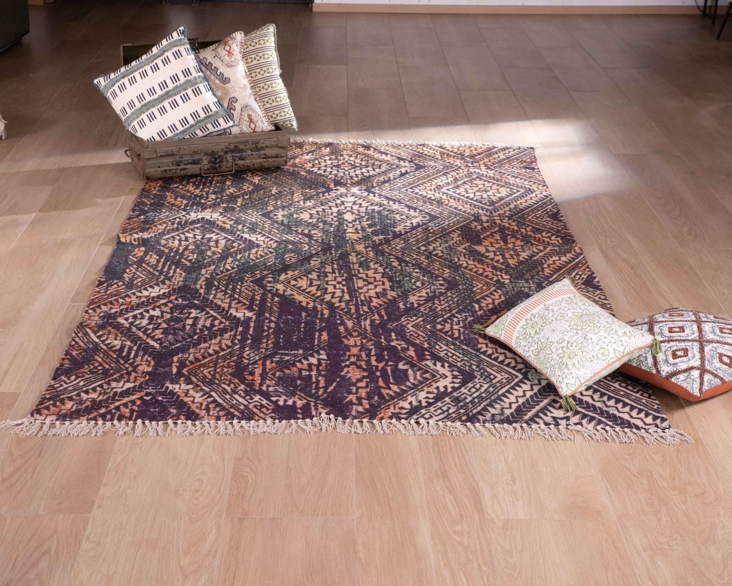 Alfombra de estilo azteca con motivos estampados en algodón «Cocoon», 120 x 180 cm